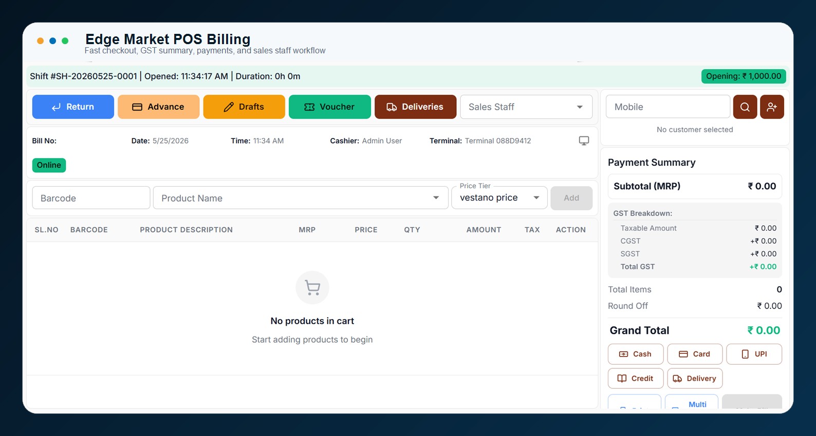 Edge Market POS billing screen with checkout and payment summary
