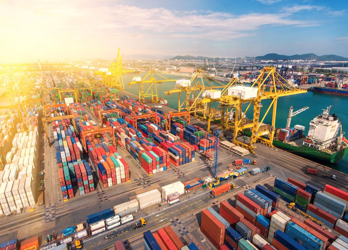 Large international shipping port with container logistics and cargo handling