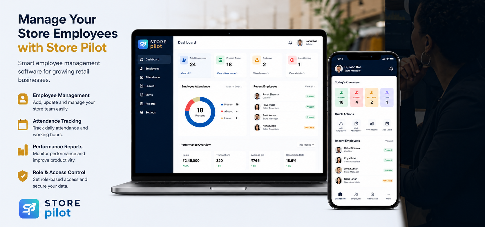Store Pilot employee management dashboard on laptop and mobile