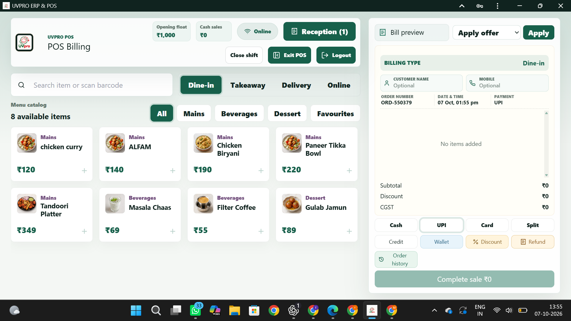 UVPRO restaurant POS billing screen with menu items, order types, bill preview, and payment options